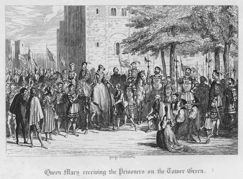 Kuningatar Mary vastaanottaa vankeja Tower Greenissä (kaiverrus) tekijältä George Cruikshank