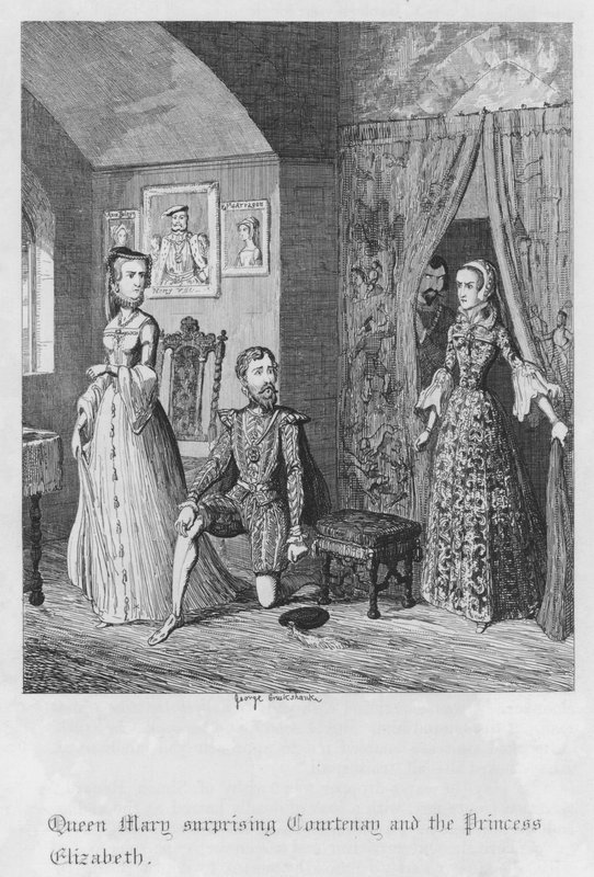 Kuningatar Mary yllätti Courtenayn ja prinsessa Elisabetin (kaiverrus) tekijältä George Cruikshank