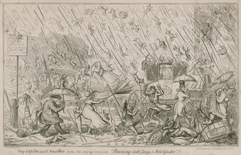 Kissojen, koirien ja haarukoiden sade tekijältä George Cruikshank