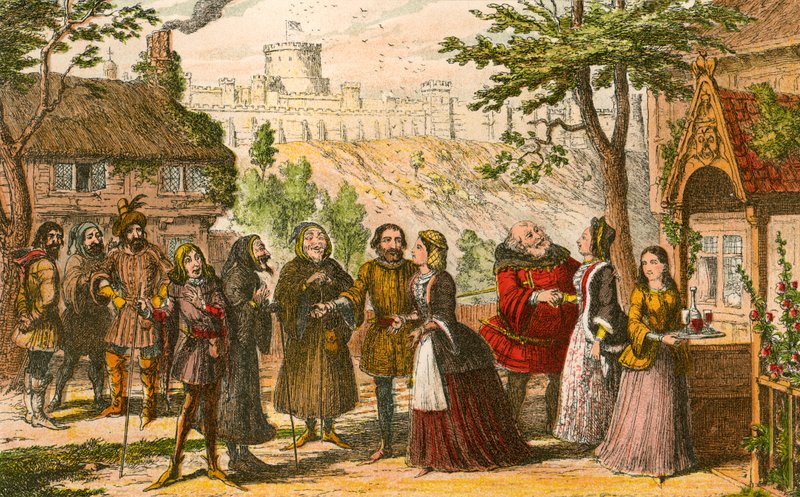 Sir John Falstaff vierailee ystävänsä Pagen luona Windsorissa tekijältä George Cruikshank