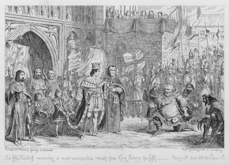 Sir John Falstaff saa odottamattoman nuhteen kuningas Henrik viidenneltä... tekijältä George Cruikshank
