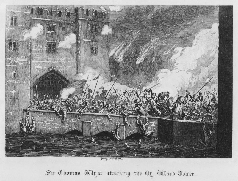 Sir Thomas Wyatt hyökkää Byward Toweriin (kaiverrus) tekijältä George Cruikshank