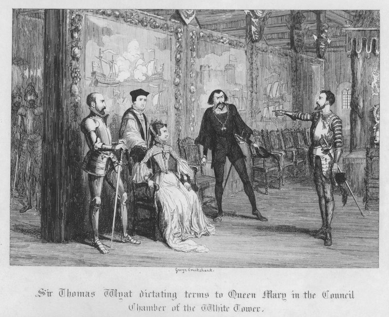 Sir Thomas Wyatt sanelemassa ehtoja kuningatar Marylle Valkoisen tornin neuvostohuoneessa (kaiverrus) tekijältä George Cruikshank
