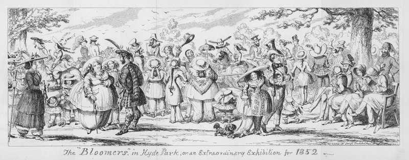 Bloomers Hyde Parkissa tai poikkeuksellinen näyttely vuodelta 1852 (kaiverrus) tekijältä George Cruikshank