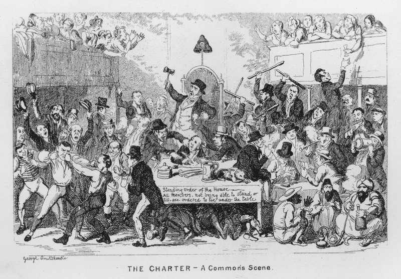 Peruskirja, yleinen kohtaus (kaiverrus) tekijältä George Cruikshank