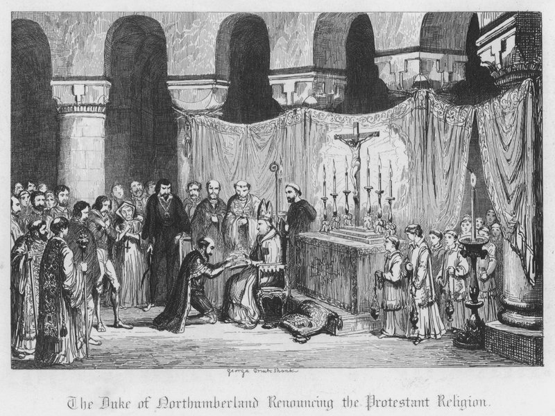 Northumberlandin herttua luopumassa protestanttisesta uskonnosta (kaiverrus) tekijältä George Cruikshank