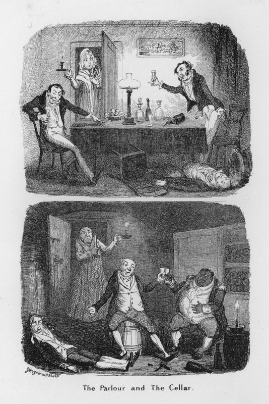 Sali ja kellari (kaiverrus) tekijältä George Cruikshank