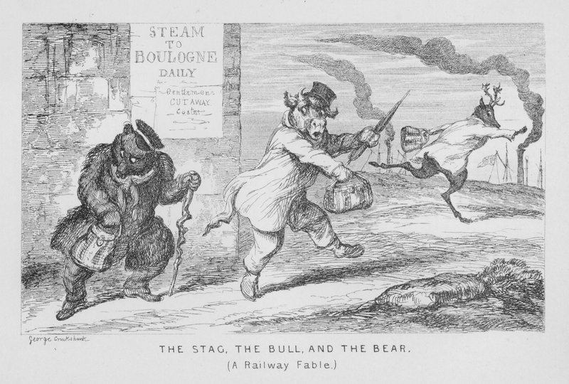 Hirvi, härkä ja karhu, rautatiefaabeli (kaiverrus) tekijältä George Cruikshank