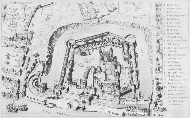 Näkymä Lontoon Towerista vuonna 1553 (kaiverrus). tekijältä George Cruikshank