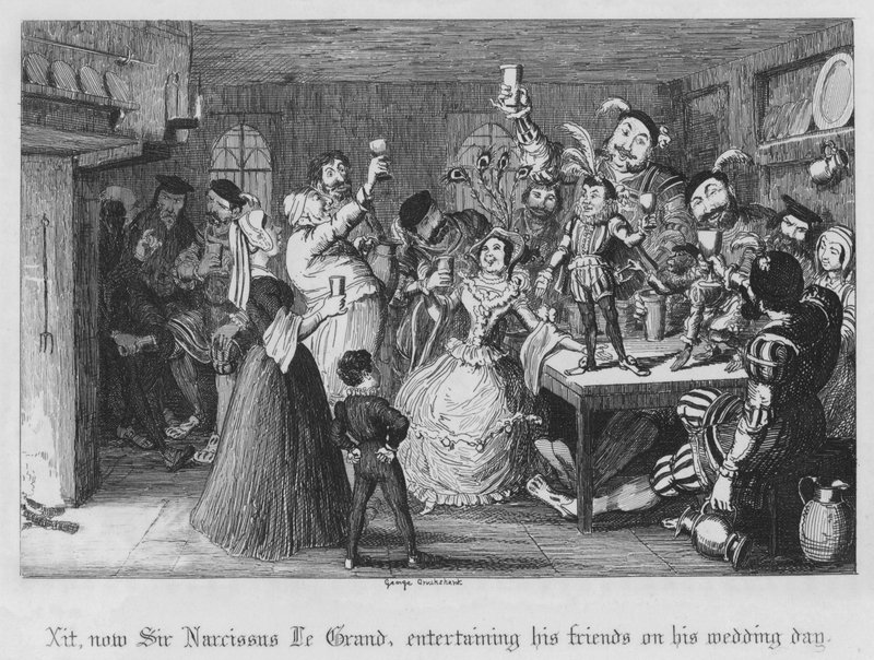 Xit, nyt Sir Narcissus Le Grand, viihdyttää ystäviään hääpäivänä (kaiverrus) tekijältä George Cruikshank