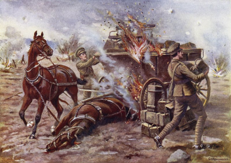 Vt. Bombardier H A Creasey avustamassa palavan ammusvaunun purkamisessa erittäin raskaan tulipalon alla, Potijze, lähellä Ypres, 25. huhtikuuta 1915 tekijältä George Derville Rowlandson