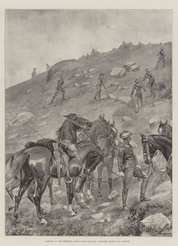 Imperiumin kevythevosen sotilas pitelee latureita hyökkäyksen aikana tekijältä George Derville Rowlandson