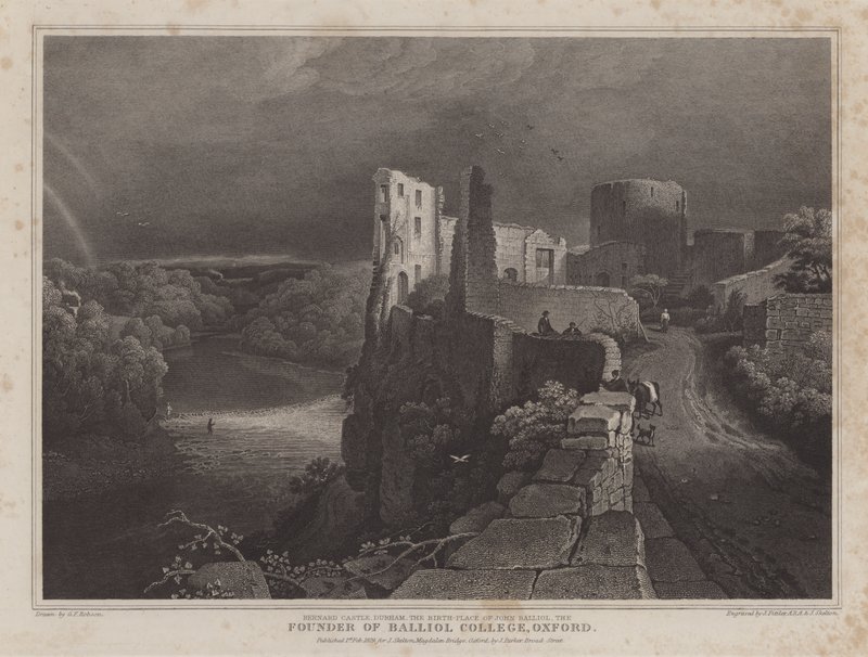 Barnard Castle, Durham, John Balliolin syntymäpaikka, Balliol Collegen perustaja, Oxford (kaiverrus) tekijältä George Fennel (after) Robson