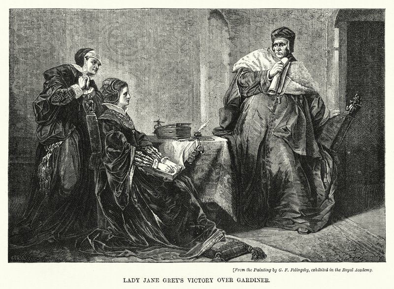 Lady Jane Greyn voitto Gardinerista (kaiverrus) tekijältä George Frederick Folingsby