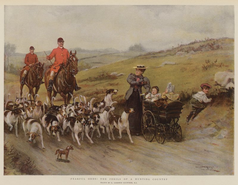 Pelottavat kertoimet! Metsästysmaan vaarat (chromolitho) tekijältä George Goodwin Kilburne