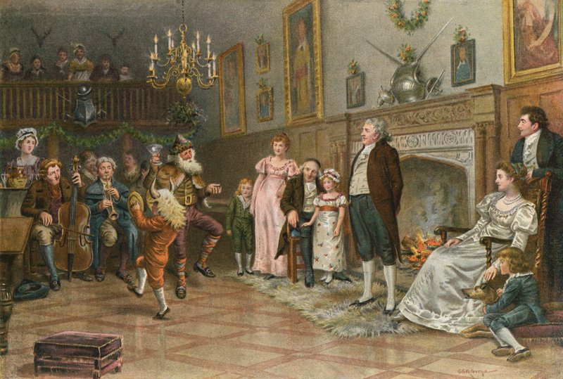 Squires Ancestral Hallin sisustus: Country Mummers järjestämässä jouluviihdettä tekijältä George Goodwin Kilburne