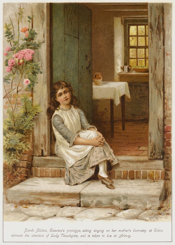 Sarah Shilton, Caterinan prototyyppi, joka istuu laulamassa äitinsä oven takana Cotonissa, herättää Lady Newdegaten huomion ja hänet viedään asumaan Arburyyn. tekijältä George Goodwin Kilburne