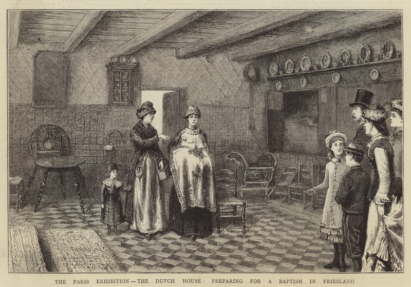 Pariisin näyttely, hollantilainen talo, valmistautuminen kasteeseen Frieslandissa tekijältä George Goodwin Kilburne