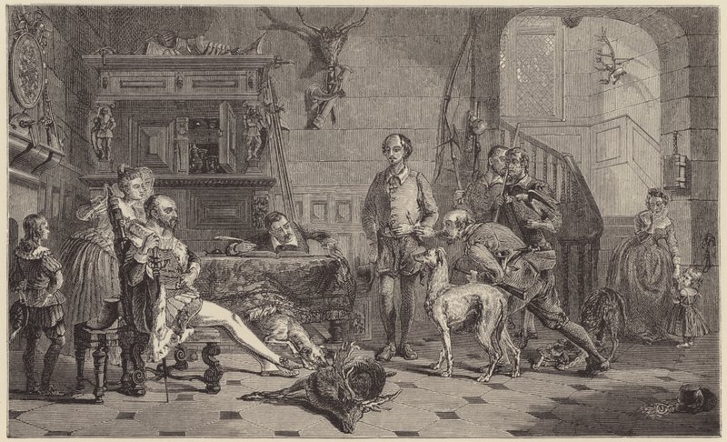 Shakespeare toi Sir Thomas Lucyn eteen peuran salametsästystä. (kaiverrus) tekijältä George Harvey