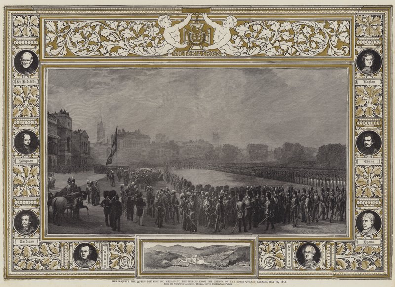 Hänen Majesteettinsa Kuningatar jakavassa mitaleja Krimin sankareille hevosvartijoiden paraatissa 21. toukokuuta 1855 tekijältä George Housman Thomas