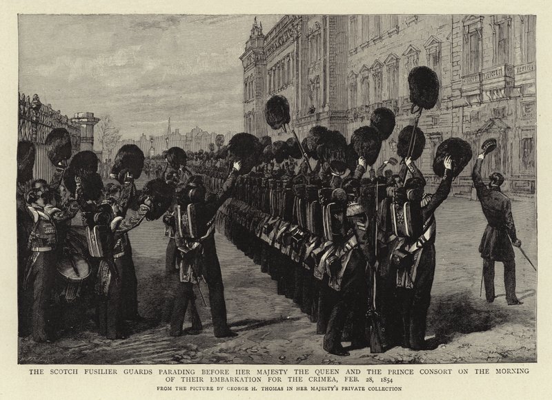 Skotlantilaiset Fusilier-vartijat kulkueessa Hänen Majesteettinsa kuningattaren ja Prinssipuolison edessä Krimille lähtöpäivän aamuna 28. helmikuuta 1854 tekijältä George Housman Thomas
