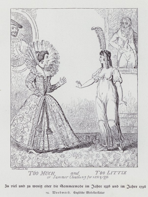 Liian paljon ja liian vähän, kesävaatteita vuosille 1556 ja 1796 (litho) tekijältä George Moutard (after) Woodward