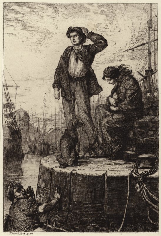 Nuori siirtolaisperhe odottaa telakoilla tekijältä George Percy Jacomb Hood