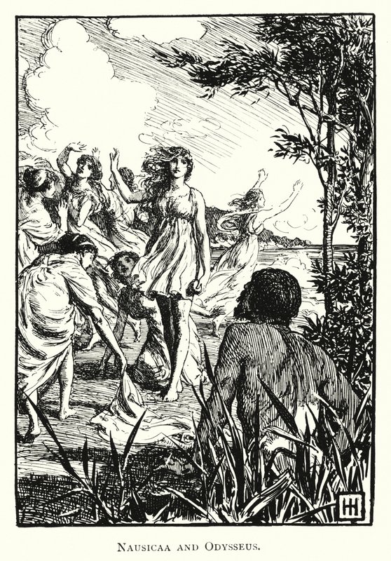 Odysseia: Nausicaa ja Odysseus (kaiverrus) tekijältä George Percy Jacomb Hood