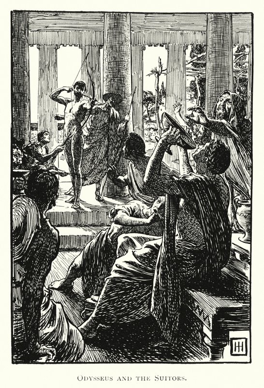 Odysseia: Odysseus ja kosialaiset (kaiverrus) tekijältä George Percy Jacomb Hood