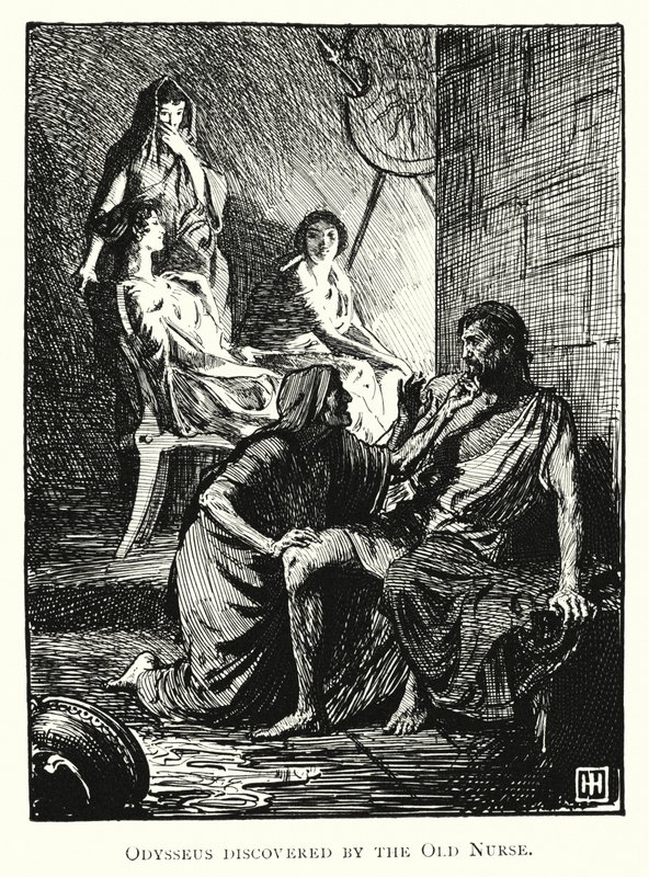 Odysseia: Vanhan sairaanhoitajan löytämä Odysseus (kaiverrus) tekijältä George Percy Jacomb Hood