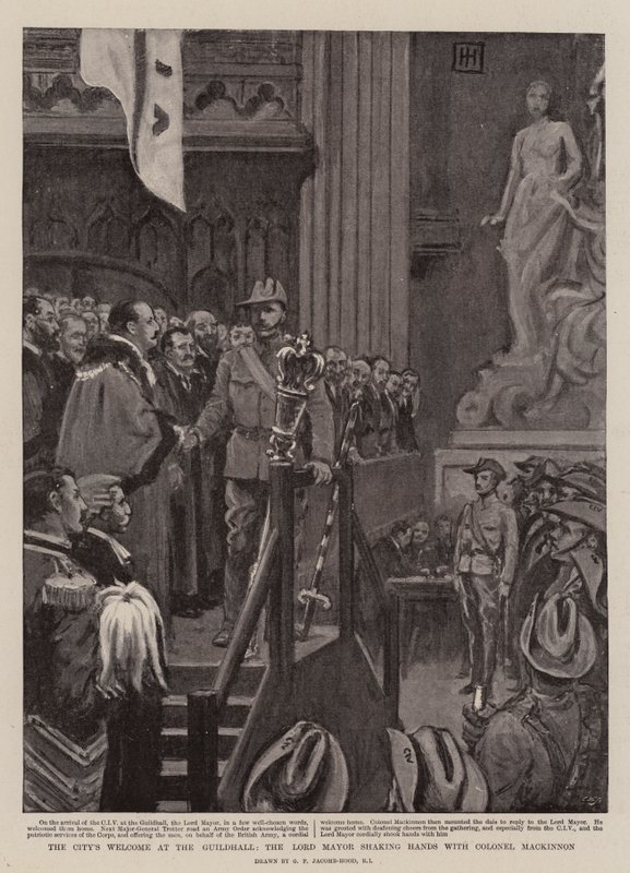 Kaupungin tervetuloa Guildhallissa, lordipormestari kättelee eversti Mackinnonia tekijältä George Percy Jacomb Hood