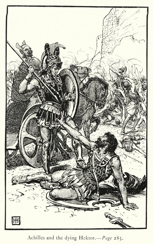 Ilias: Akhilleus ja kuoleva Hektor (kaiverrus) tekijältä George Percy Jacomb Hood