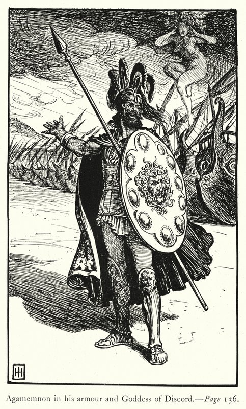Iliad: Agamemnon panssarissaan ja eripuraisten jumalatar (kaiverrus) tekijältä George Percy Jacomb Hood