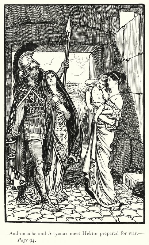 Iliad: Andromache ja Astyanax tapaavat sotaan valmistautuneen Hektorin (kaiverrus) tekijältä George Percy Jacomb Hood