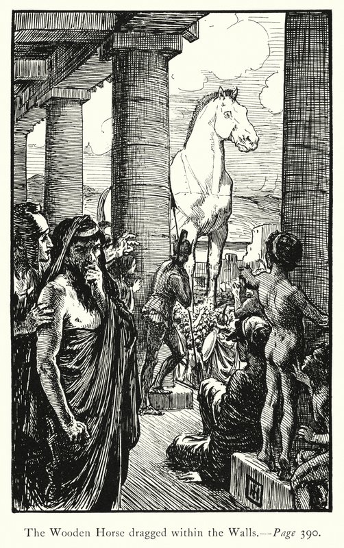 Ilias: Puinen hevonen seinien sisällä (kaiverrus) tekijältä George Percy Jacomb Hood