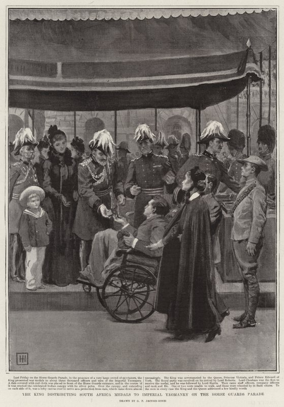 Kuningas jakaa Etelä-Afrikan mitaleja Imperial Yeomanrylle hevoskaartin paraatissa tekijältä George Percy Jacomb Hood