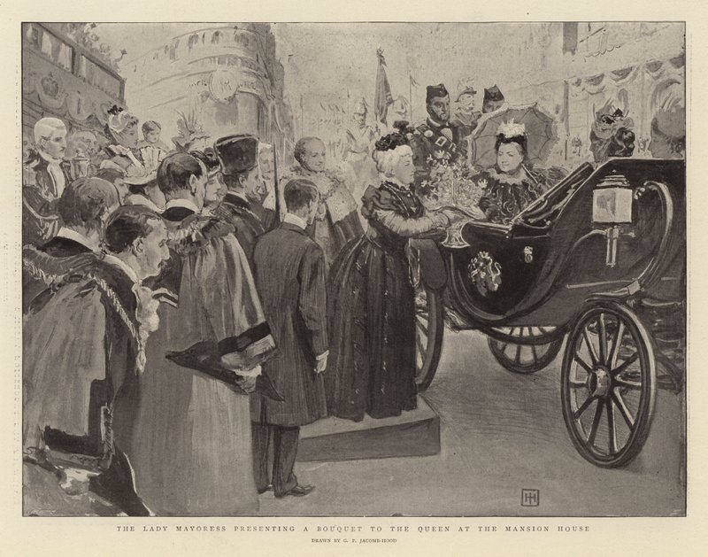 Lady Mayoress esittelee kukkakimppua kuningattarelle kartanotalossa tekijältä George Percy Jacomb Hood