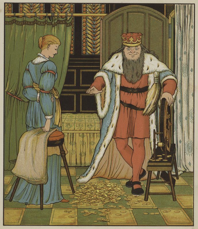 Grimmin veljesten kuvitus Rumpelstiltskinille tekijältä George R. Halkett