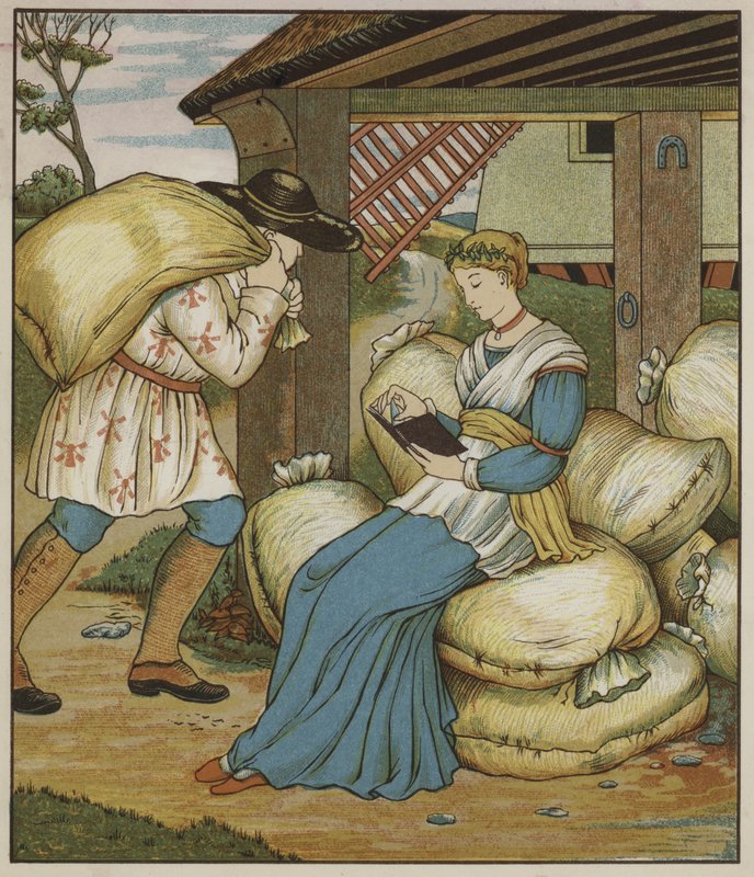 Grimmin veljesten kuvitus Rumpelstiltskinille tekijältä George R. Halkett