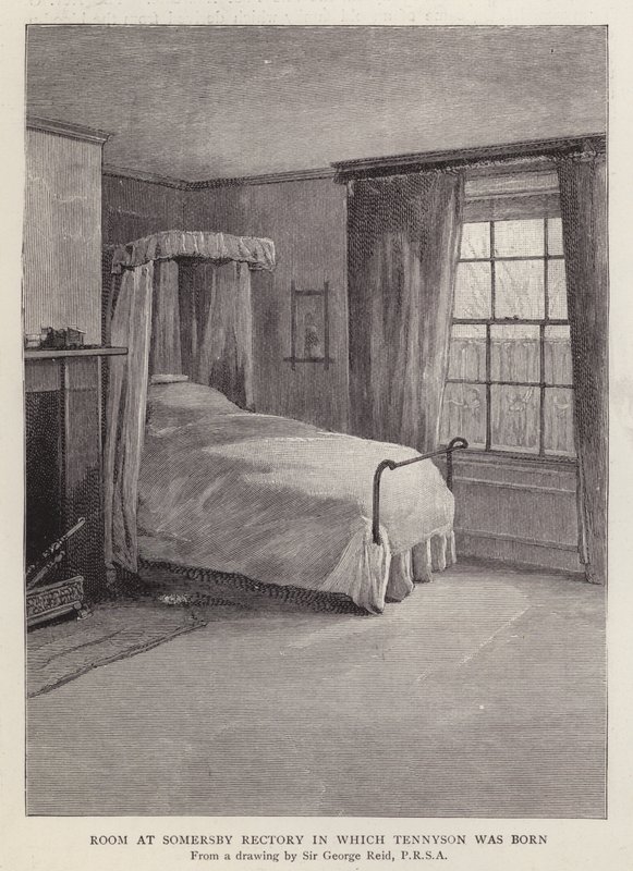 Huone Somersby Rectoryssa, Lincolnshire, jossa englantilainen runoilija Alfred, Lord Tennyson syntyi vuonna 1809 (litho) tekijältä George Reid