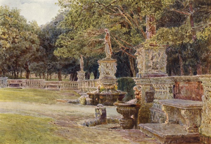 Italialaiset puutarhat: Villa Borghese (värilitro): Etupiha, Villa Borghese (värilitro) tekijältä George Samuel Elgood