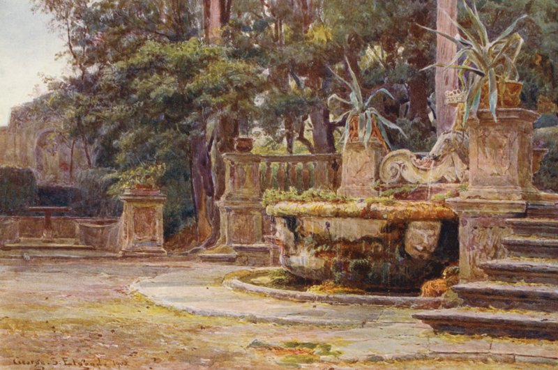 Italialaiset puutarhat: Corsini (värilitro): suihkulähde, Villa Corsini (värilitro) tekijältä George Samuel Elgood