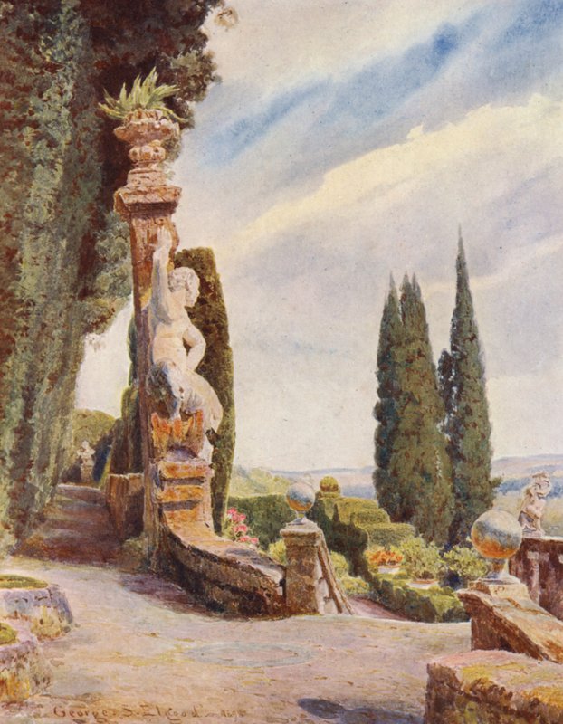 Italialaiset puutarhat: Suuren portaikon pää, Villa Garzoni (värilitro) tekijältä George Samuel Elgood