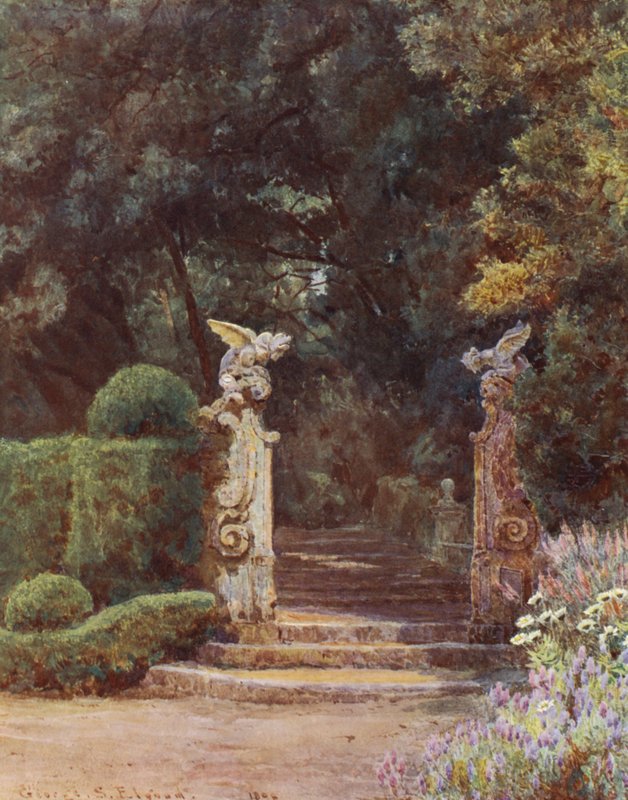 Italialaiset puutarhat: Villa Garzoni (värilitro): Lohikäärmeen portti. tekijältä George Samuel Elgood