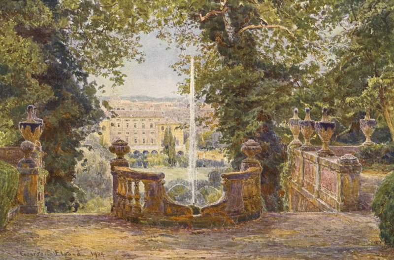 Italialaiset puutarhat: Corsini (värilitro): Yläterassi, Villa Corsini (värilitro) tekijältä George Samuel Elgood