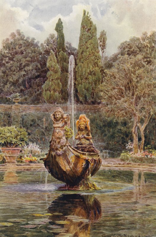 Italialaiset puutarhat: Villa Aldobrandini, suihkulähde parterressa (värilitro). tekijältä George Samuel Elgood