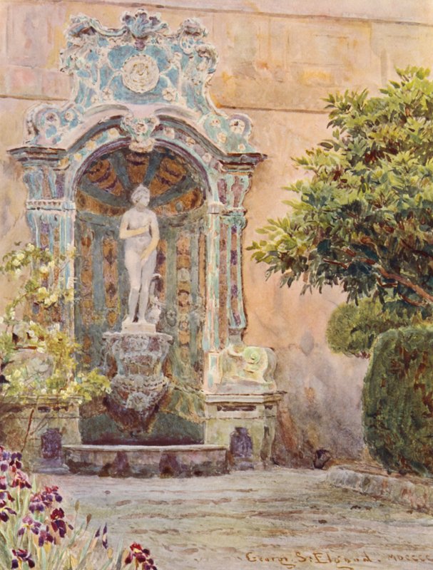 Italialaiset puutarhat: Villa Arson, Venuksen suihkulähde (värilitro): Villa Arson, Venuksen suihkulähde (värilitro) tekijältä George Samuel Elgood