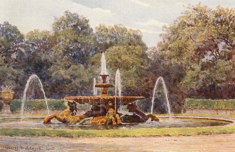 Italialaiset puutarhat: Villa Borghese, Merihevosen suihkulähde (värilitro) tekijältä George Samuel Elgood