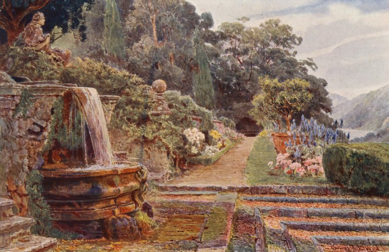 Italialaiset puutarhat: Villa Cicogna, Kaskadin alapuolella (värilitro). tekijältä George Samuel Elgood