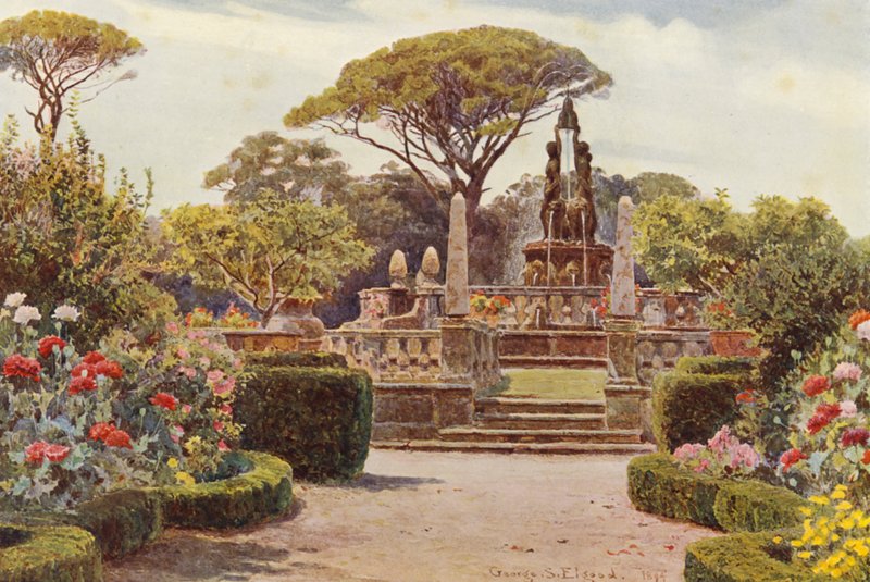 Italialaiset puutarhat: Villa Lante Bagnajassa (värilitro) tekijältä George Samuel Elgood